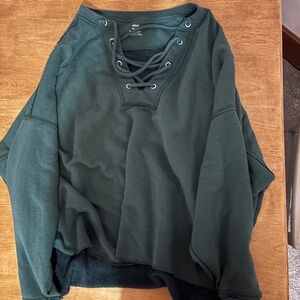 Aerie Lace-Up V-Neck Sweatshirt – Forest Green – Size XXL